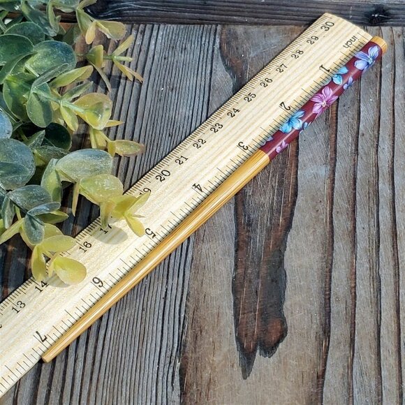 Japanese Flower Print Tortoise Shell Bamboo Hair Stick Plum Blue Pink - Picture 5 of 7